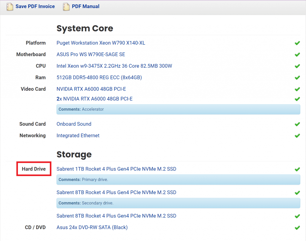 Hard drive section of an order